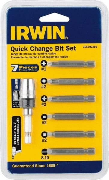 Irwin - 7 Piece, 1/4" Drive Screwdriver Drive Guide Set - #1 to #2 Phillips, 0.05 to 1/4" Hex, 1.27 to 10mm Hex, #1 & #2 Square Recess - USA Tool & Supply