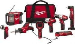 Milwaukee Tool - 12 Volt Cordless Tool Combination Kit - Includes 3/8" Drill/Driver, 3/8" Right Angle Drill Driver, Reciprocating Saw, Multi-Tool, 1/4" Hex Impact Driver & Radio, Lithium-Ion Battery Not Included - USA Tool & Supply