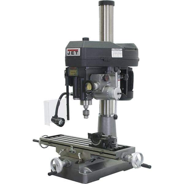 Jet - 1 Phase, 15-7/8" Swing, Variable Speed Pulley Mill Drill Combination - 9-1/2" Table Length x 32-1/4" Table Width, 20-1/2" Longitudinal Travel, 7" Cross Travel, 12 Spindle Speeds, 2 hp, 230 Volts - USA Tool & Supply