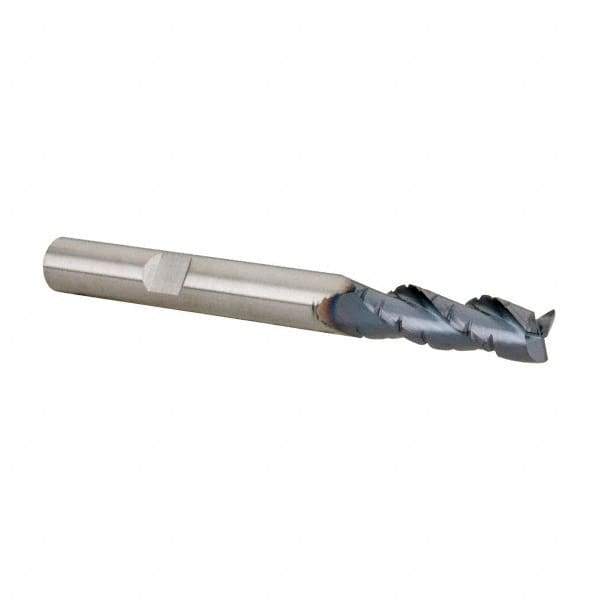 Kennametal - 1/4" Diam, Coarse Pitch, 3/4" LOC, 3 Flute Solid Carbide 0.02" Corner Radius Roughing End Mill - AlTiN Finish, 2-1/2" OAL, 1/4" Shank Diam, Centercutting, 30° Helix - USA Tool & Supply