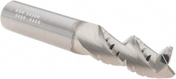 SGS - 1/2" Diam, 1-1/4" LOC, 3 Flute Solid Carbide 0.03" Corner Radius Roughing End Mill - TiB2 Finish, 3-1/4" OAL, 1/2" Shank Diam, Single End, Centercutting, 38° Helix - USA Tool & Supply