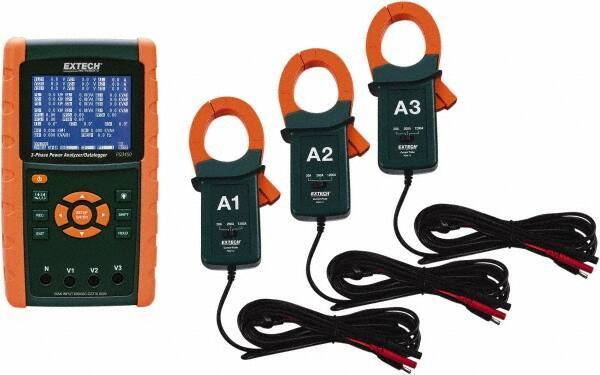 Extech - 3 Phase, 600 VAC, 0.01 to 1,200 Amp Capability, 45 to 65 Hz Calibration, LCD Display Power Meter - 0.5 Current Accuracy, 0.5 Voltage Accuracy - USA Tool & Supply