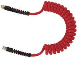 PRO-SOURCE - 5/16" ID, 1/4 Thread, 15' Long, Red Polyurethane Coiled & Self Storing Hose - 185 Max psi, Male Swivel x Male Swivel - USA Tool & Supply