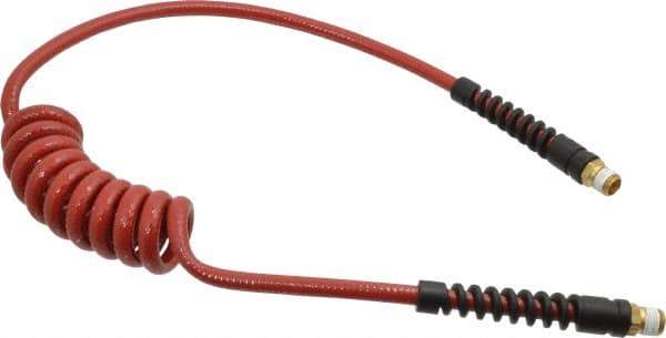 PRO-SOURCE - 1/4" ID, 1/4 Thread, 5' Long, Red Polyurethane Coiled & Self Storing Hose - 220 Max psi, Male Swivel x Male Swivel - USA Tool & Supply