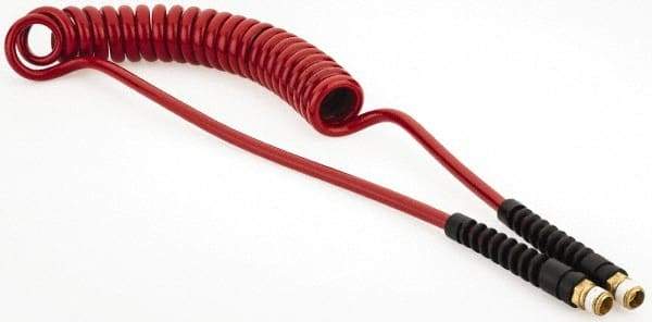 PRO-SOURCE - 1/4" ID, 1/4 Thread, 10' Long, Red Polyurethane Coiled & Self Storing Hose - 220 Max psi, Male Swivel x Male Swivel - USA Tool & Supply