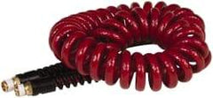 PRO-SOURCE - 1/4" ID, 1/4 Thread, 15' Long, Red Polyurethane Coiled & Self Storing Hose - 220 Max psi, Male Swivel x Male Swivel - USA Tool & Supply