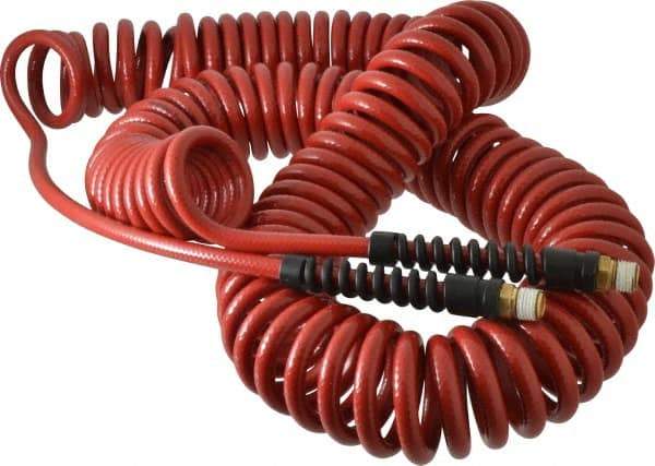 PRO-SOURCE - 1/4" ID, 1/4 Thread, 50' Long, Red Polyurethane Coiled & Self Storing Hose - 220 Max psi, Male Swivel x Male Swivel - USA Tool & Supply