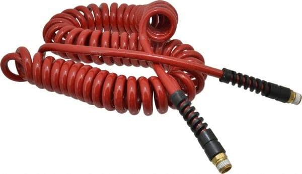 PRO-SOURCE - 5/16" ID, 3/8 Thread, 25' Long, Red Polyurethane Coiled & Self Storing Hose - 185 Max psi, Male Swivel x Male Swivel - USA Tool & Supply