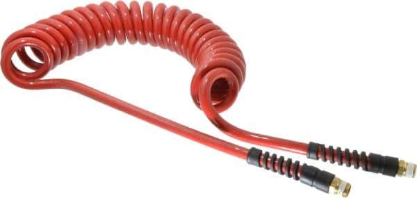 PRO-SOURCE - 3/8" ID, 3/8 Thread, 15' Long, Red Polyurethane Coiled & Self Storing Hose - 200 Max psi, Male Swivel x Male Swivel - USA Tool & Supply