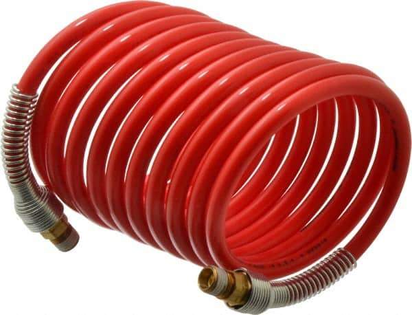 PRO-SOURCE - 5/16" ID, 1/4 Thread, 12' Long, Red Nylon Coiled & Self Storing Hose - 213 Max psi, Male Swivel x Male Swivel - USA Tool & Supply