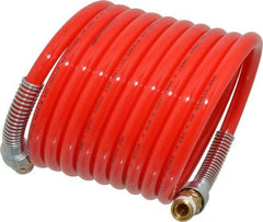 PRO-SOURCE - 3/8" ID, 3/8 Thread, 12' Long, Red Nylon Coiled & Self Storing Hose - 225 Max psi, Male Swivel x Male Swivel - USA Tool & Supply