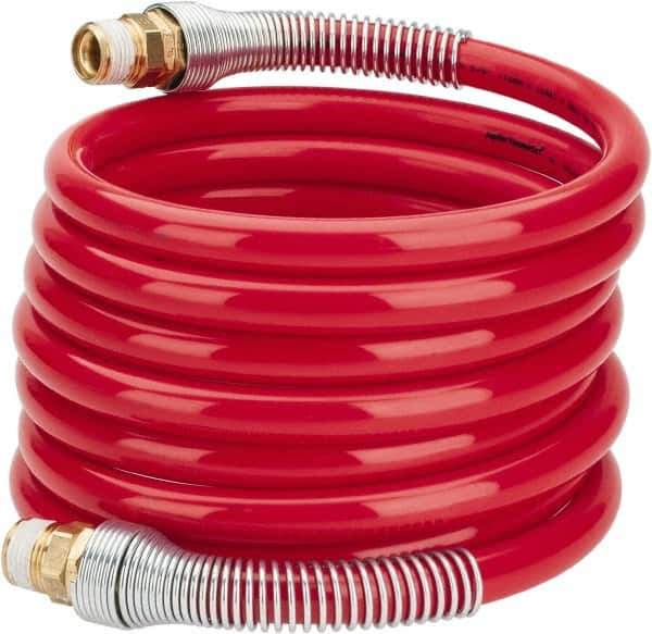 PRO-SOURCE - 1/2" ID, 1/2 Thread, 12' Long, Red Nylon Coiled & Self Storing Hose - 220 Max psi, Male Swivel x Male Swivel - USA Tool & Supply