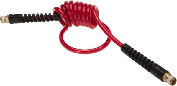 PRO-SOURCE - 3/16" ID, 1/4 Thread, 5' Long, Red Polyurethane Coiled & Self Storing Hose - 147 Max psi, Male Swivel x Male Swivel - USA Tool & Supply