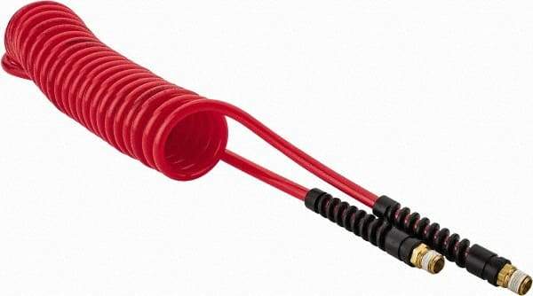 PRO-SOURCE - 1/4" ID, 1/4 Thread, 15' Long, Red Polyurethane Coiled & Self Storing Hose - 147 Max psi, Male Swivel x Male Swivel - USA Tool & Supply