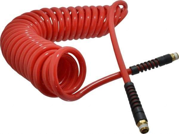 PRO-SOURCE - 3/8" ID, 3/8 Thread, 25' Long, Red Polyurethane Coiled & Self Storing Hose - 133 Max psi, Male Swivel x Male Swivel - USA Tool & Supply