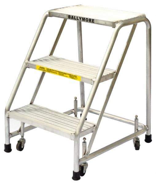 Ballymore - 28-1/2" 3 Step Ladder - Rolling Safety Ladder, 300 Lb Capacity, 28-1/2" Platform Height, 20" Base Width x 25" Base Depth, Heavy-Duty Serrated Grating - USA Tool & Supply