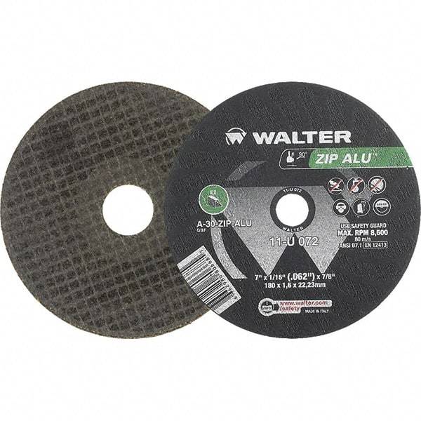 WALTER Surface Technologies - 7" 30 Grit Aluminum Oxide Cutoff Wheel - 1/16" Thick, 7/8" Arbor, 8,600 Max RPM, Use with Angle Grinders - USA Tool & Supply