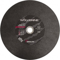 Weiler - 12" 46 Grit Aluminum Oxide Cutoff Wheel - 3/32" Thick, 1" Arbor, 5,100 Max RPM, Use with Chop Saws - USA Tool & Supply