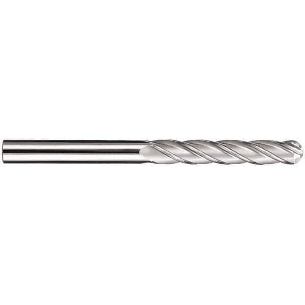 SGS - 3/8" Diam, 1-3/4" LOC, 4 Flute Solid Carbide Ball End Mill - AlTiN Finish, Single End, 4" OAL, 3/8" Shank Diam, Spiral Flute - USA Tool & Supply
