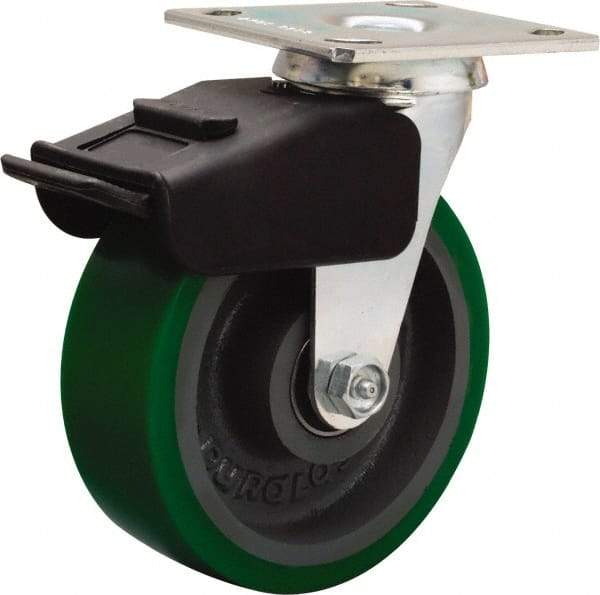 Hamilton - 6" Diam x 2" Wide x 7-1/2" OAH Top Plate Mount Swivel Caster - Polyurethane Mold onto Cast Iron Center, 850 Lb Capacity, Precision Ball Bearing, 4 x 4-1/2" Plate - USA Tool & Supply