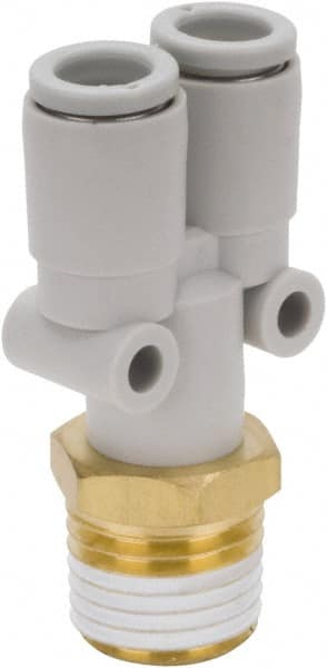 SMC PNEUMATICS - 12mm Outside Diam, 1/4 BSPT, Brass/Polybutylene Push-to-Connect Tube Male Y Connector - USA Tool & Supply