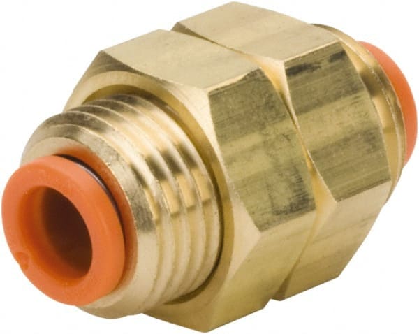 SMC PNEUMATICS - 3/16" OD, 9/16-18 UNF, Brass/Polybutylene Push-to-Connect Bulkhead Union - USA Tool & Supply