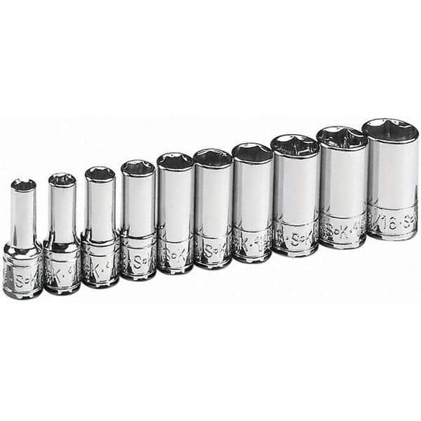 SK - 1/4" Drive Semi-Deep Socket Set - 3/16 to 9/16", Inch Measurement Standard - USA Tool & Supply