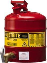 Justrite - 5 Gal Galvanized Steel Self-Closing, Self-Venting, Full-Length Flame Arrester with Bottom Faucet - 16-7/8" High x 11-3/4" Diam, Red with Yellow - USA Tool & Supply