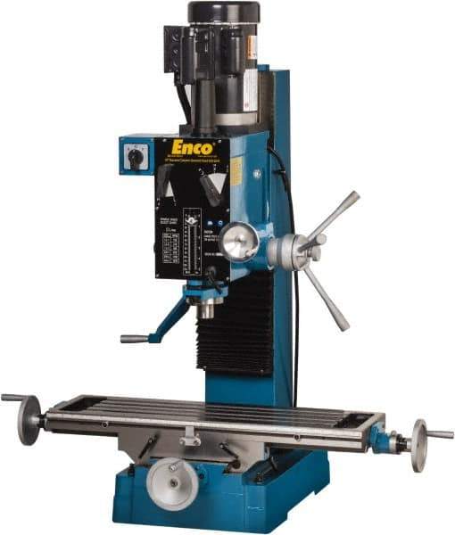 Enco - 1 Phase, Mill Drill Combination - 37-1/2" Table Length x 28" Table Width, 22" Longitudinal Travel, 8" Cross Travel, 6 Spindle Speeds, 2 hp, 220 Volts - USA Tool & Supply