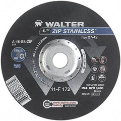 WALTER Surface Technologies - 46 Grit, 7" Wheel Diam, 1/16" Wheel Thickness, 7/8" Arbor Hole, Type 27 Depressed Center Wheel - Aluminum Oxide/Silicon Carbide Blend, Resinoid Bond, 8,600 Max RPM - USA Tool & Supply