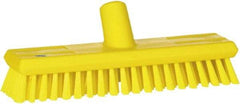 Vikan - 1.3" Bristle Length, Polyester Scrub Brush - 10-3/4" Long x 2-1/2" Wide Head, 11" OAL, European Threaded Handle, Yellow, Polypropylene Block - USA Tool & Supply