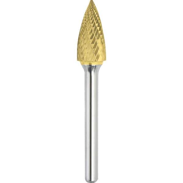 Made in USA - 1/2" Cut Diam, 1/4" Shank Diam, Tree Head Double Cut Burr - Carbide, 1" LOC, 2-3/4" OAL - USA Tool & Supply