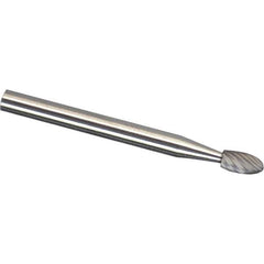 Made in USA - 1/8" Cut Diam, 1/8" Shank Diam, Oval Head Diamond Cut Burr - Carbide, 7/32" LOC, 3" OAL - USA Tool & Supply