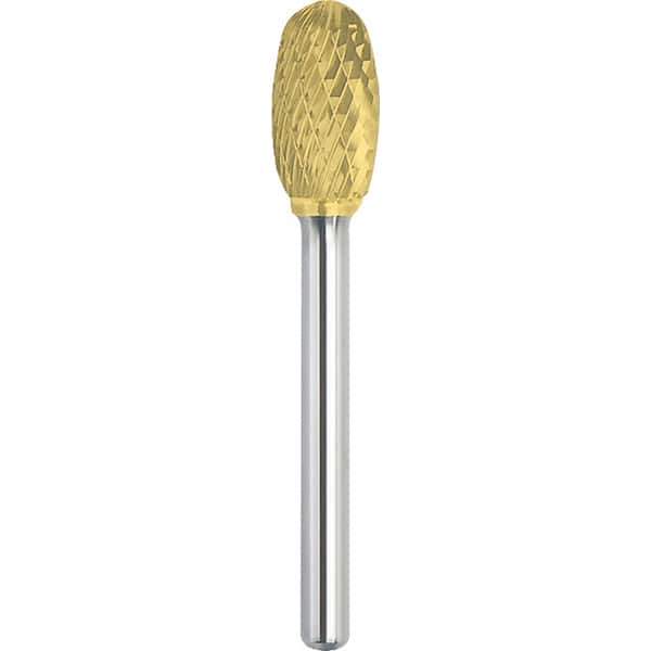 Made in USA - 5/8" Cut Diam, 1/4" Shank Diam, Oval Head Double Cut Burr - Carbide, 1" LOC, 2-3/4" OAL - USA Tool & Supply