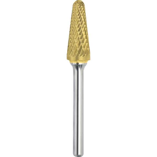 Made in USA - 1/2" Cut Diam, 1/4" Shank Diam, Cone Head Double Cut Burr - Carbide, 1-1/8" LOC, 2-7/8" OAL - USA Tool & Supply