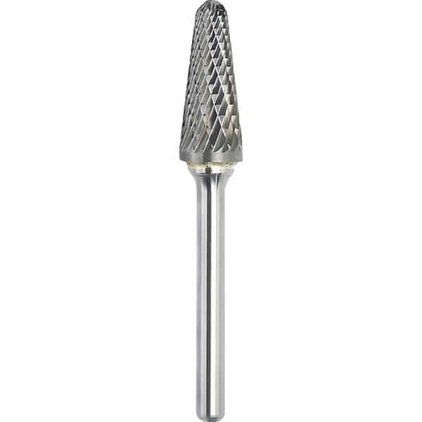 Made in USA - 1/2" Cut Diam, 1/4" Shank Diam, Cone Head Double Cut Burr - Carbide, 1-1/8" LOC, 2-7/8" OAL - USA Tool & Supply