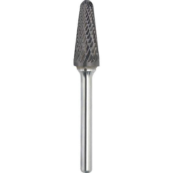 Made in USA - 1/2" Cut Diam, 1/4" Shank Diam, Cone Head Double Cut Burr - Carbide, 1-1/8" LOC, 2-7/8" OAL - USA Tool & Supply