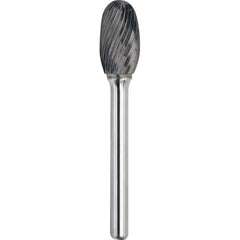 Made in USA - 3/8" Cut Diam, 1/4" Shank Diam, Oval Head Single Cut Burr - Carbide, 5/8" LOC, 2-3/8" OAL - USA Tool & Supply