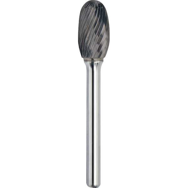 Made in USA - 1/2" Cut Diam, 1/4" Shank Diam, Oval Head Single Cut Burr - Carbide, 7/8" LOC, 2-5/8" OAL - USA Tool & Supply