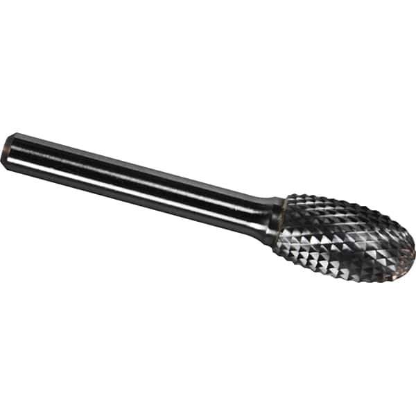 Made in USA - 1/4" Cut Diam, 1/8" Shank Diam, Oval Head Diamond Cut Burr - Carbide, 3/8" LOC, 1-3/4" OAL - USA Tool & Supply