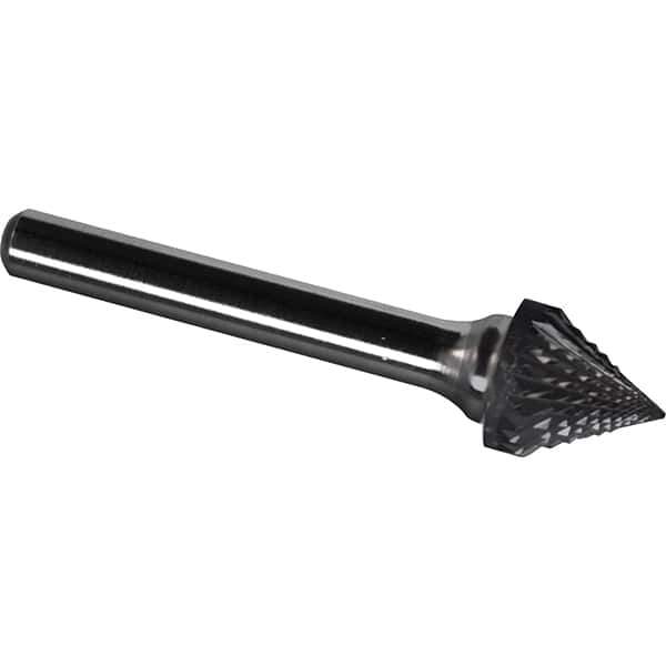 Made in USA - 1" Cut Diam, 1/4" Shank Diam, Cone Head Diamond Cut Burr - Carbide, 15/16" LOC, 2-9/16" OAL - USA Tool & Supply