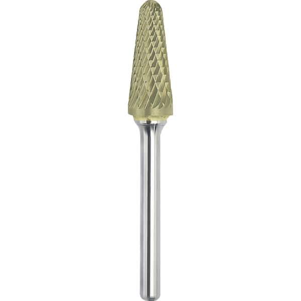 Made in USA - 5/8" Cut Diam, 1/4" Shank Diam, Cone Head Double Cut Burr - Carbide, 1-5/16" LOC, 3-1/16" OAL - USA Tool & Supply