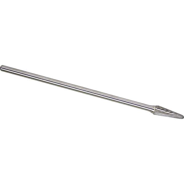 Made in USA - 3/8" Cut Diam, 1/4" Shank Diam, Cone Head Single Cut Burr - Carbide, 1-1/16" LOC, 7-1/16" OAL - USA Tool & Supply