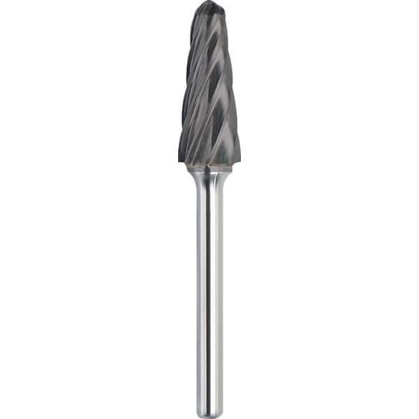 Made in USA - 5/8" Cut Diam, 1/4" Shank Diam, Cone Head Aluma Cut Burr - Carbide, 1-5/16" LOC, 3-1/16" OAL - USA Tool & Supply