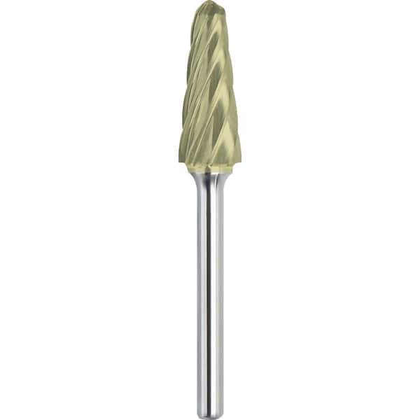 Made in USA - 5/8" Cut Diam, 1/4" Shank Diam, Cone Head Aluma Cut Burr - Carbide, 1-3/16" LOC, 2-15/16" OAL - USA Tool & Supply