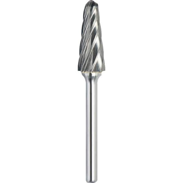 Made in USA - 3/4" Cut Diam, 1/4" Shank Diam, Cone Head Aluma Cut Burr - Carbide, 1-1/2" LOC, 3-1/4" OAL - USA Tool & Supply