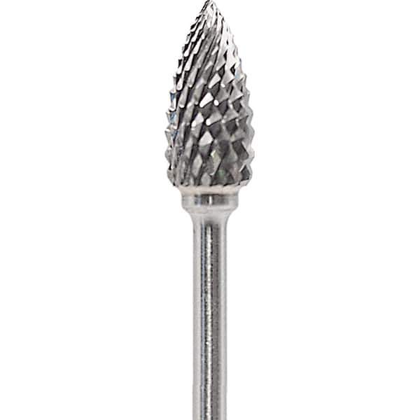 Made in USA - 1/4" Cut Diam, 0.0925" Shank Diam, Flame Head Diamond Cut Burr - Carbide, 1/2" LOC, 2" OAL - USA Tool & Supply