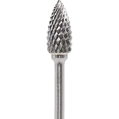Made in USA - 1/4" Cut Diam, 0.0925" Shank Diam, Flame Head Diamond Cut Burr - Carbide, 1/2" LOC, 2" OAL - USA Tool & Supply
