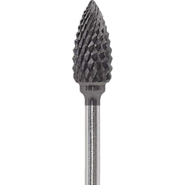 Made in USA - 1/4" Cut Diam, 0.0925" Shank Diam, Flame Head Diamond Cut Burr - Carbide, 1/2" LOC, 2" OAL - USA Tool & Supply