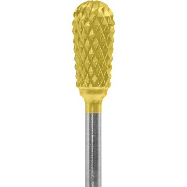 Made in USA - 1/4" Cut Diam, 0.0925" Shank Diam, Inverted Cone Head Diamond Cut Burr - Carbide, 1/2" LOC, 2" OAL - USA Tool & Supply
